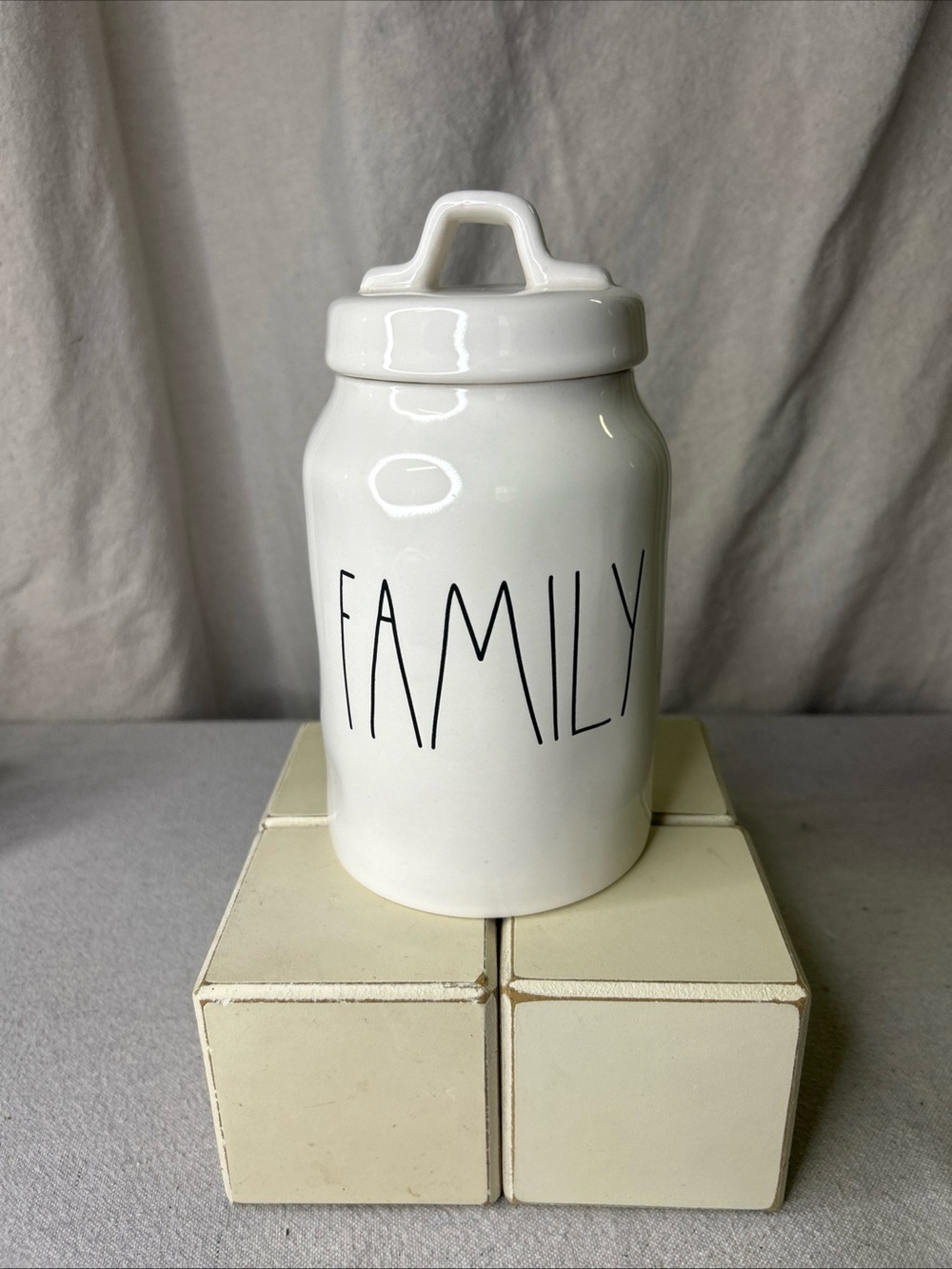 Rae Dunn White Ceramic Canister labeled "FAMILY"